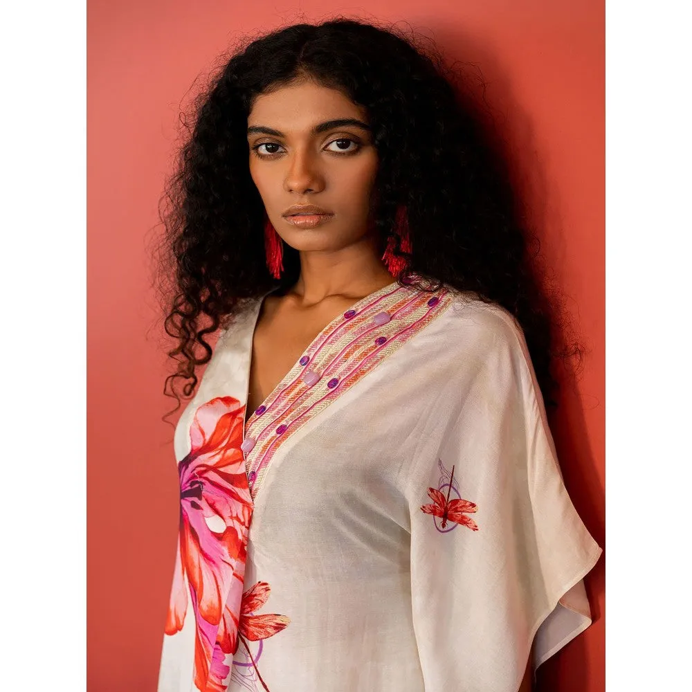 17 : 17 by Simmi Saboo Off White Dragonfly Print V-Neck Kaftan