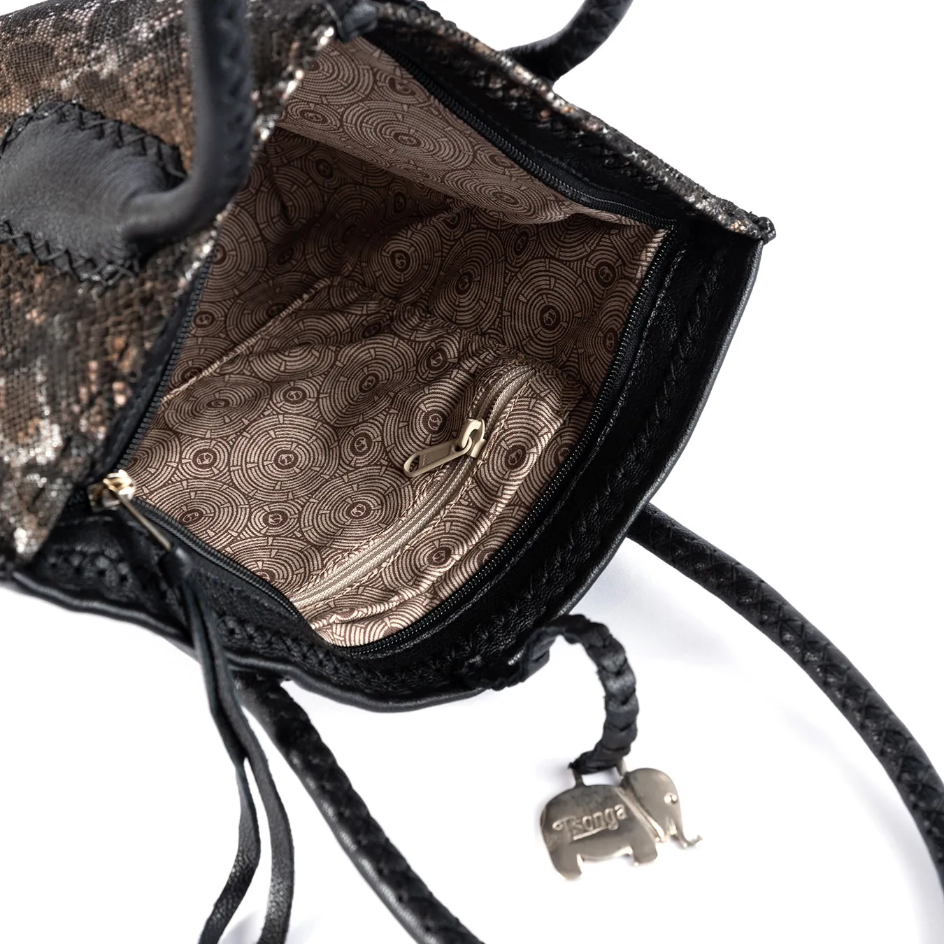 Azetha : Ladies Leather Shopper Handbag in Black Cayak and Nero Rockafella