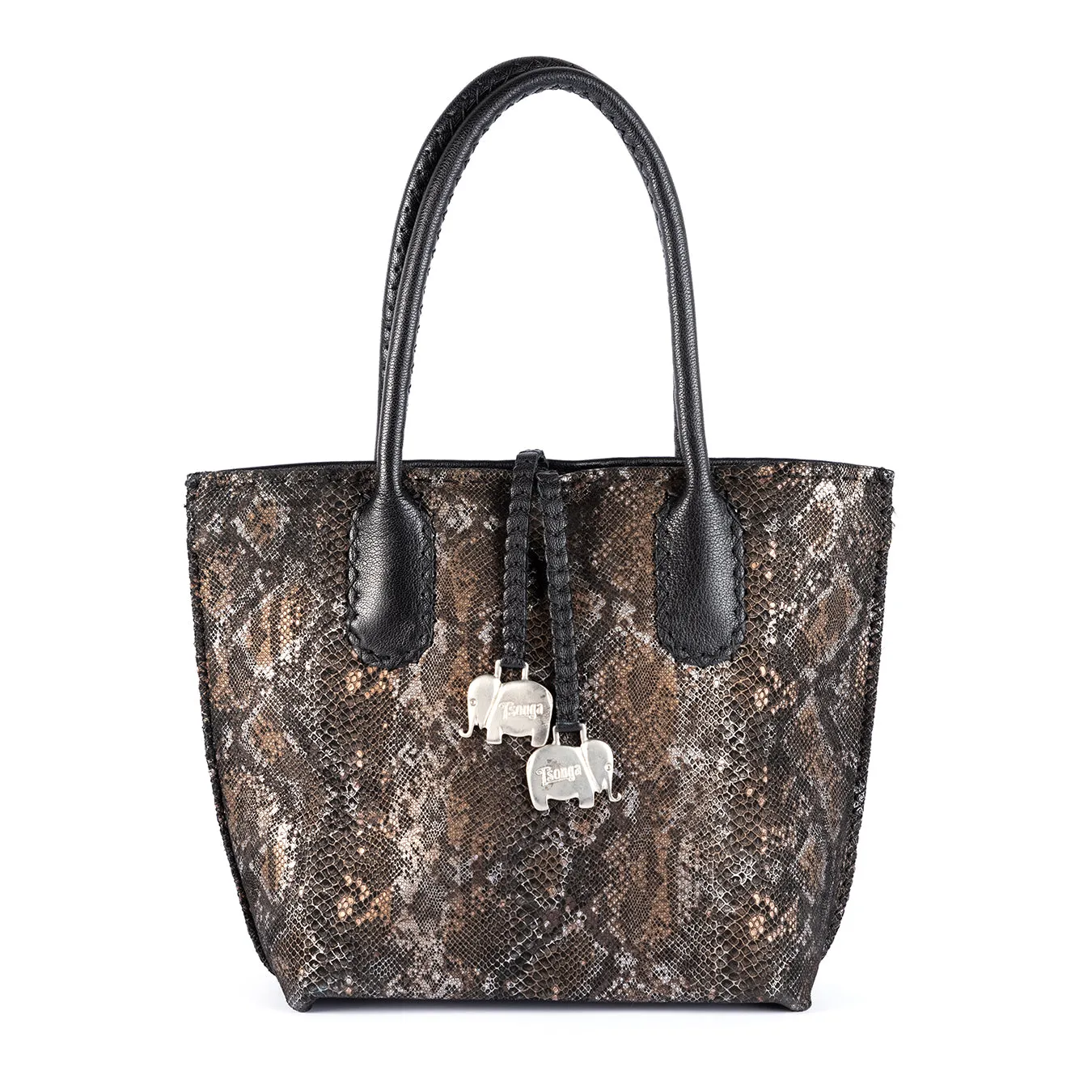 Azetha : Ladies Leather Shopper Handbag in Black Cayak and Nero Rockafella
