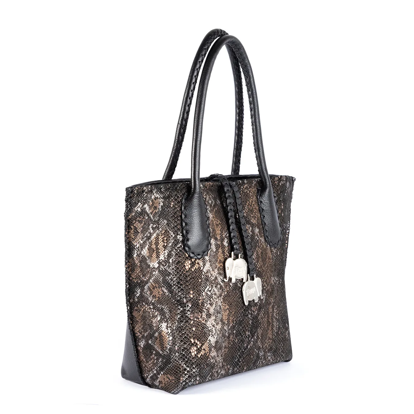 Azetha : Ladies Leather Shopper Handbag in Black Cayak and Nero Rockafella
