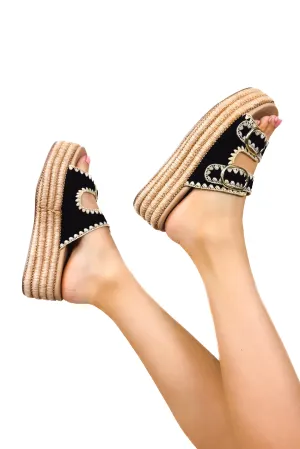 Beach Beauty Raffia Platform Slides in Black