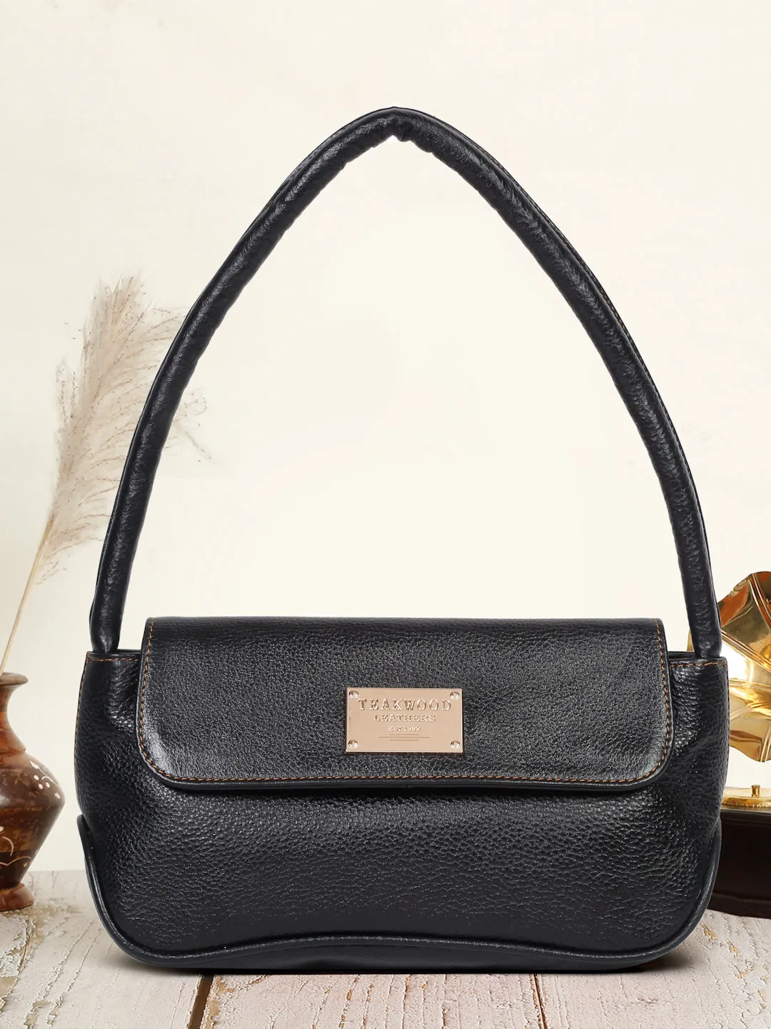 Black Leather Structured Shoulder Bag