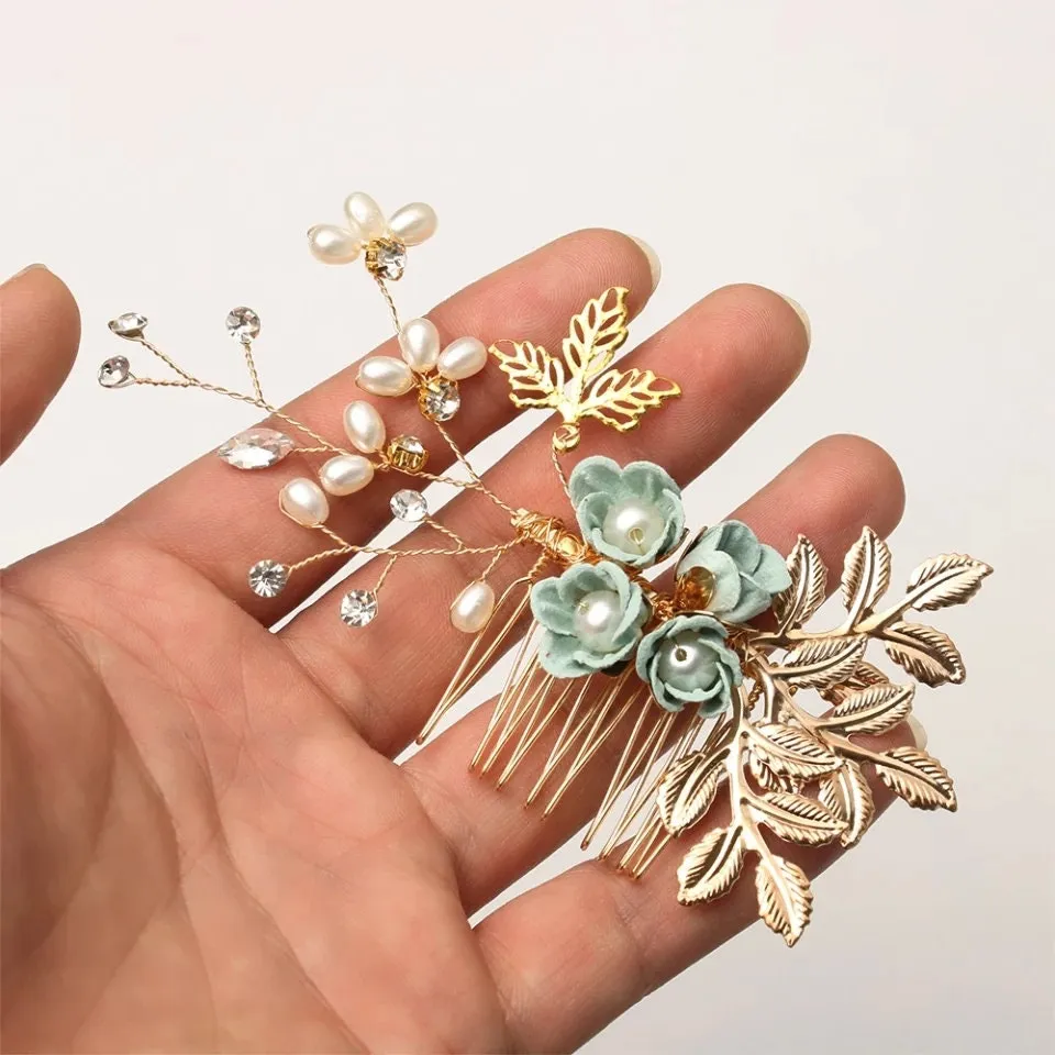 Bridal Hair Pins Floral Rose soft petal flower pastel pink blue lavendar white pearl barret wedding formal gold
