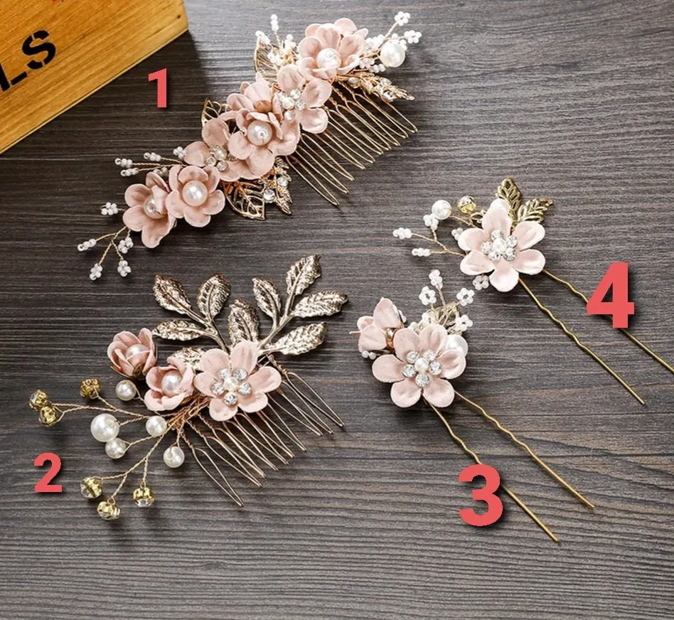 Bridal Hair Pins Floral Rose soft petal flower pastel pink blue lavendar white pearl barret wedding formal gold
