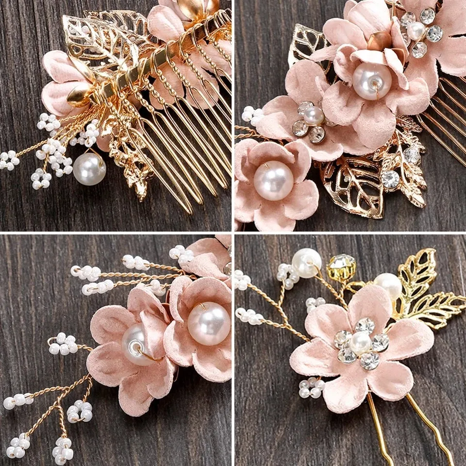 Bridal Hair Pins Floral Rose soft petal flower pastel pink blue lavendar white pearl barret wedding formal gold