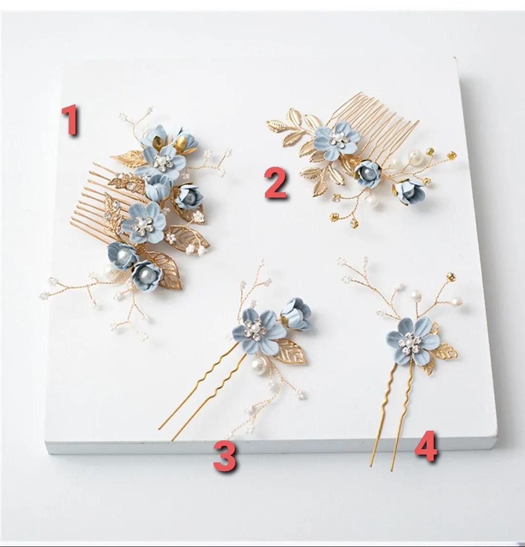 Bridal Hair Pins Floral Rose soft petal flower pastel pink blue lavendar white pearl barret wedding formal gold