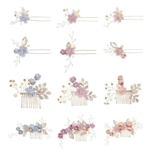 Bridal Hair Pins Floral Rose soft petal flower pastel pink blue lavendar white pearl barret wedding formal gold