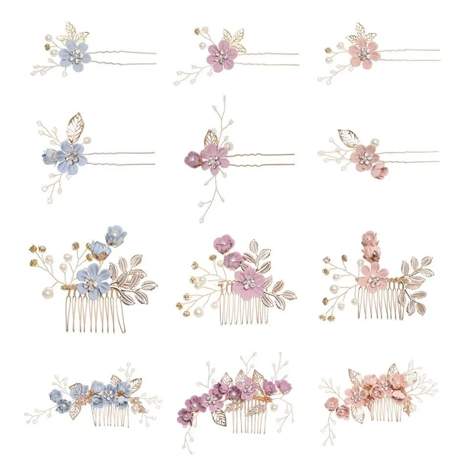Bridal Hair Pins Floral Rose soft petal flower pastel pink blue lavendar white pearl barret wedding formal gold