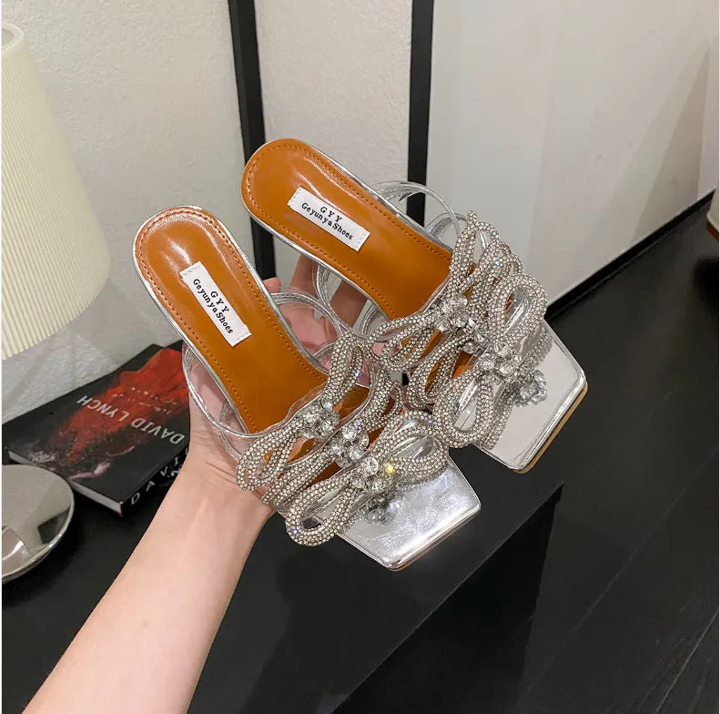 Butterfly Bow Rhinestone Wine Glass High Heel Transparent Slides Sandals