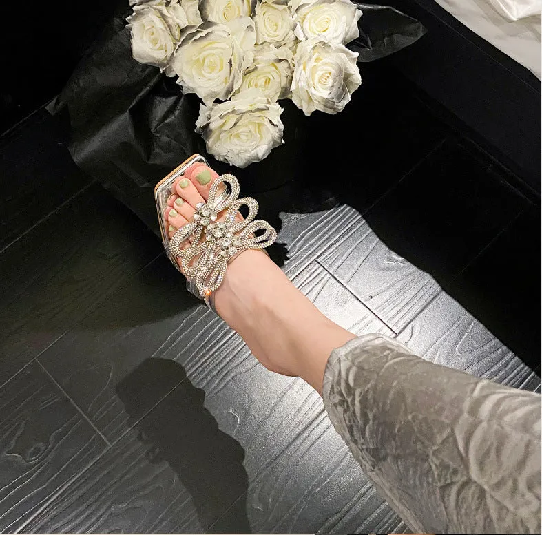 Butterfly Bow Rhinestone Wine Glass High Heel Transparent Slides Sandals