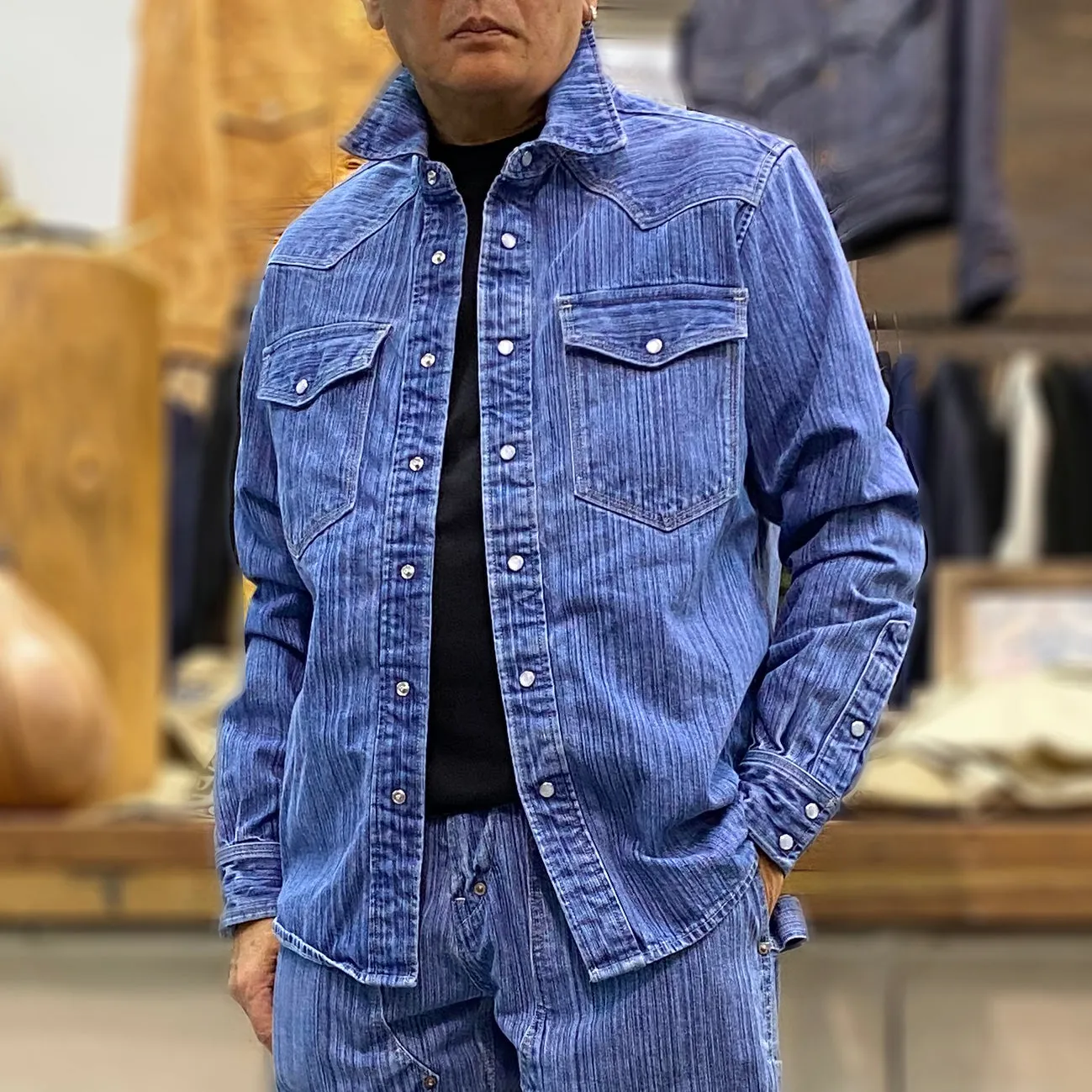 BZEN M.3282 JESSE-HILO REGULAR FIT IRREGULAR INDIGO DYED WESTERN SHIRT-12OZ-E4 INDIGO