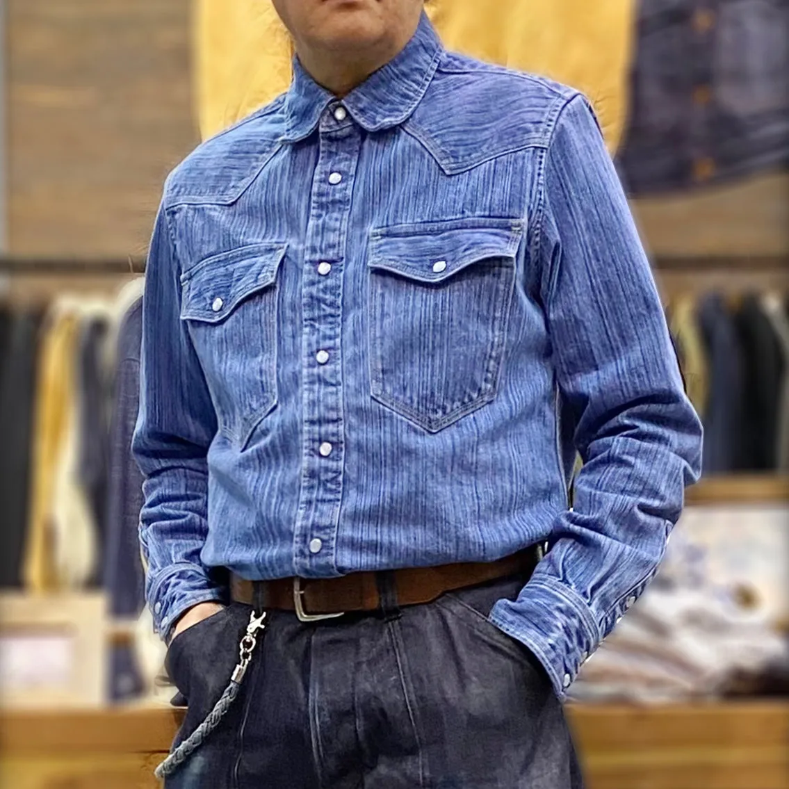 BZEN M.3282 JESSE-HILO REGULAR FIT IRREGULAR INDIGO DYED WESTERN SHIRT-12OZ-E4 INDIGO