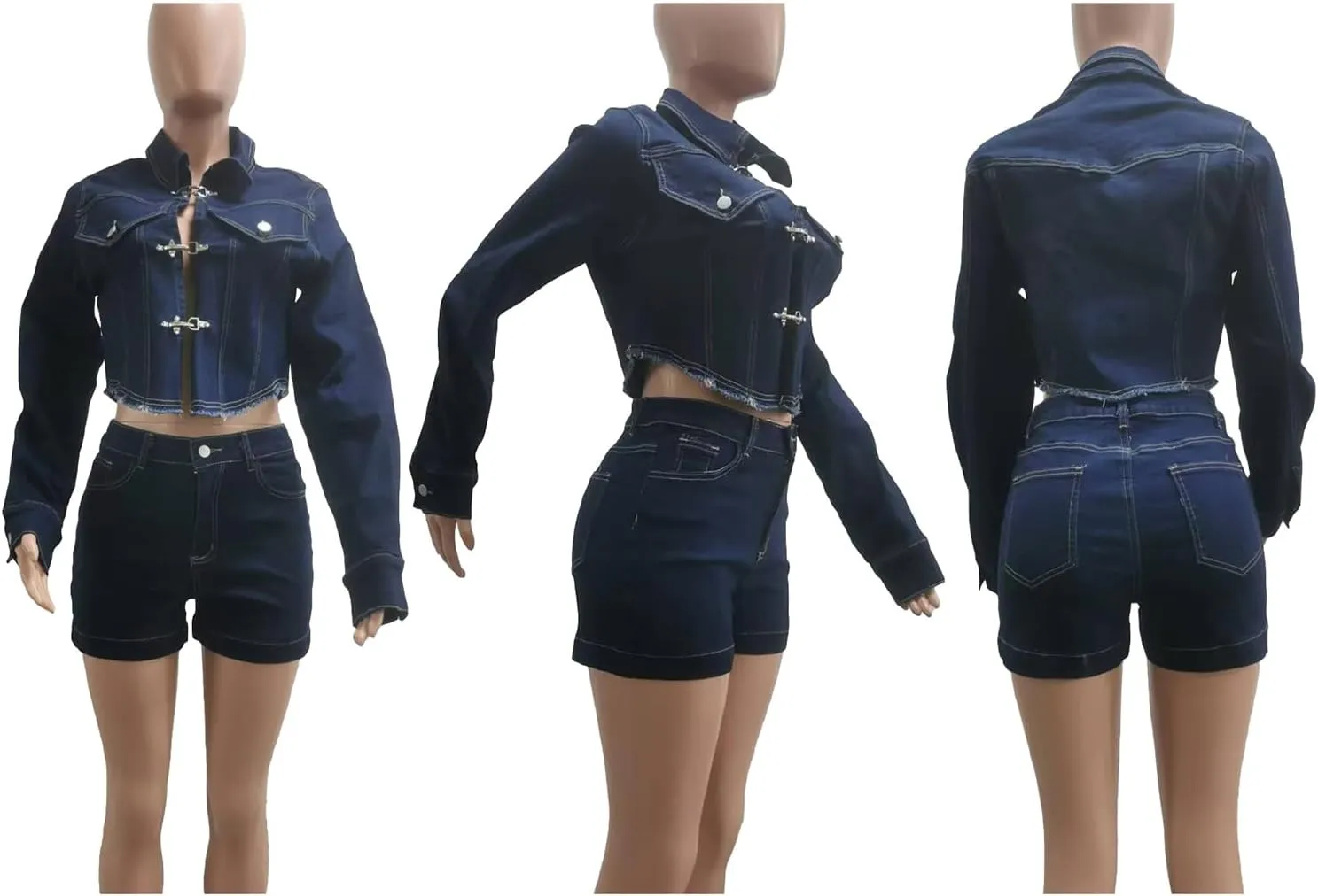 cffvdiz Women's Shorts Sets Outfits Long Sleeve Denim Jacket and High Waisted Jean Shorts 2 Piece Sets
