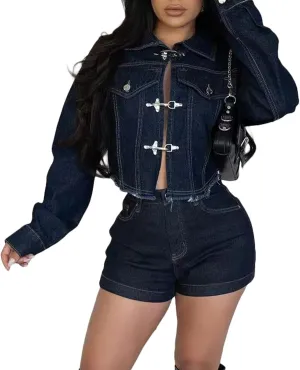 cffvdiz Women's Shorts Sets Outfits Long Sleeve Denim Jacket and High Waisted Jean Shorts 2 Piece Sets