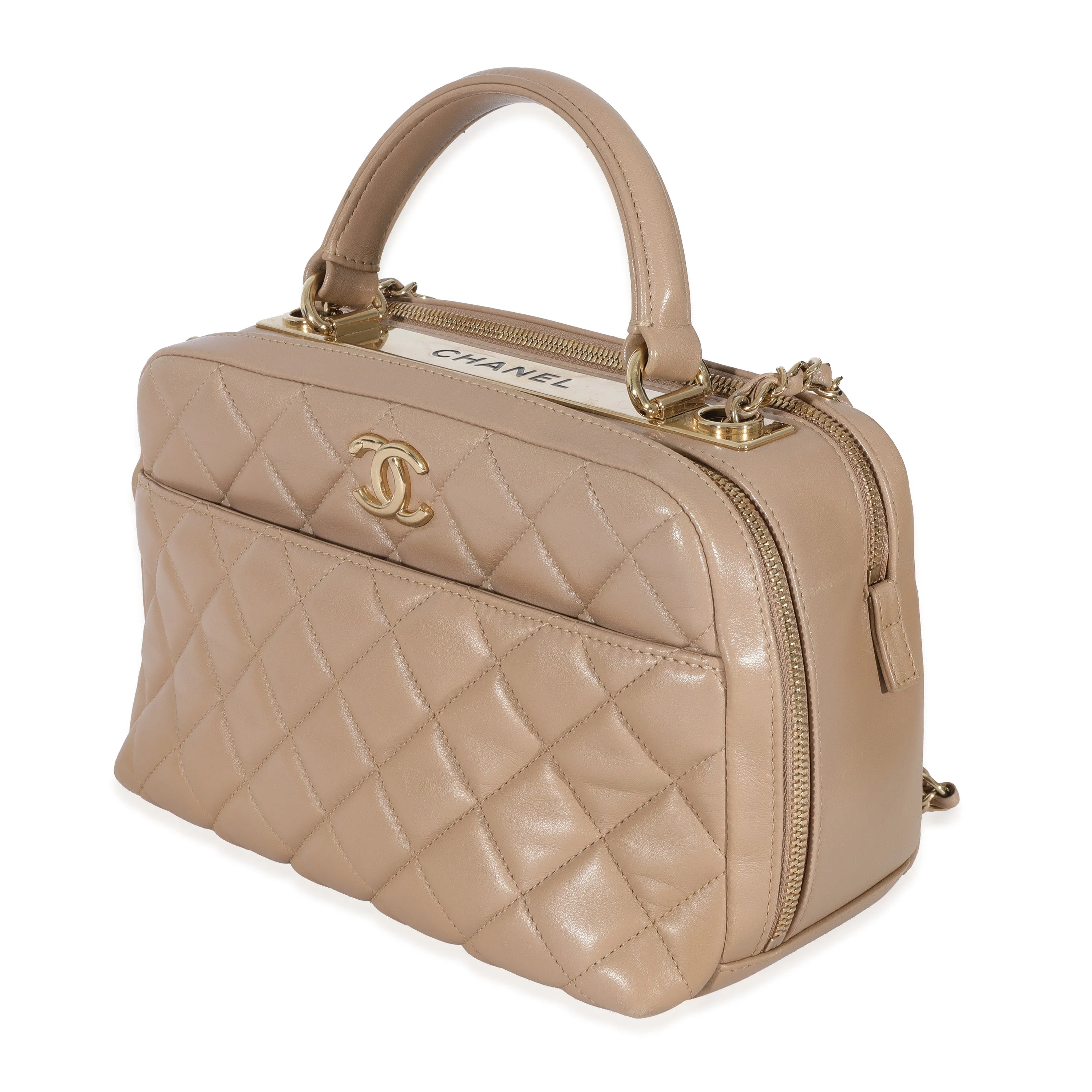 CHANEL Beige Quilted Lambskin CC Trendy Bowling Bag