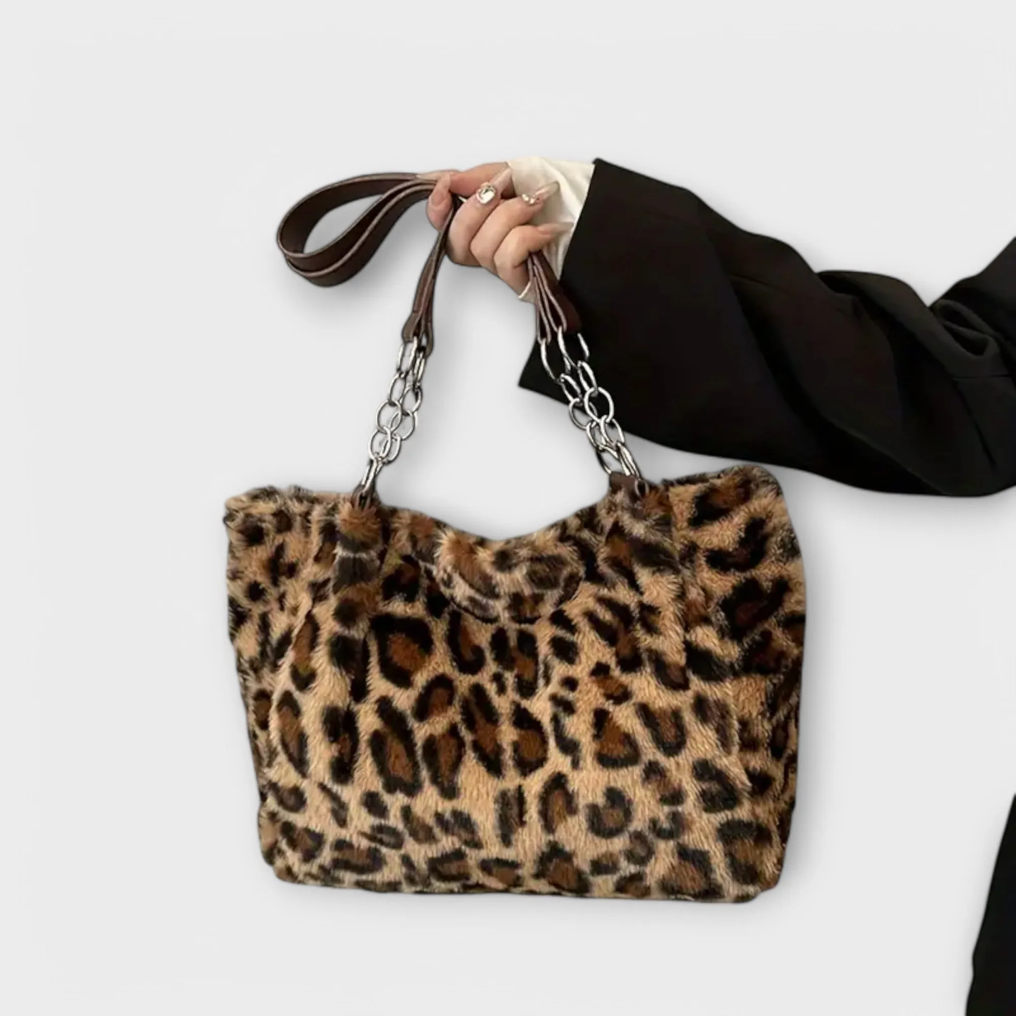 Chic Leopard Print Soft Faux Fur Tote Bag