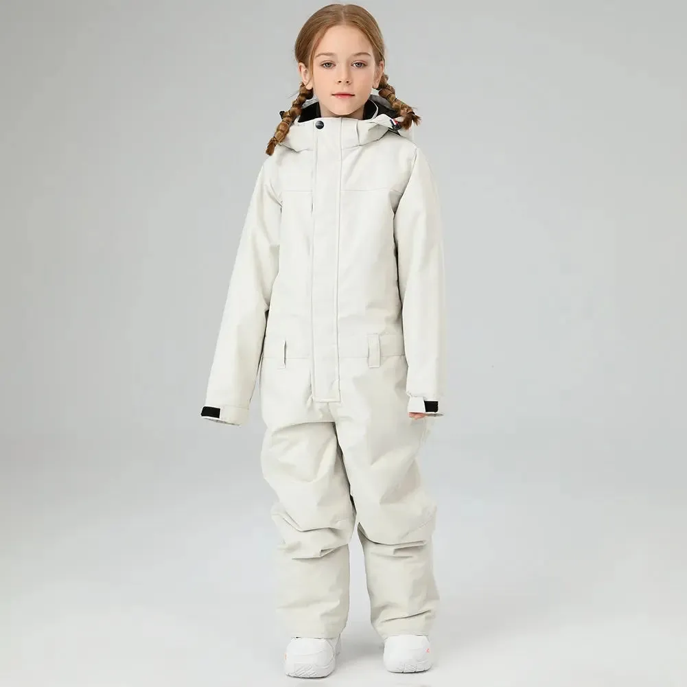 Children One Piece Ski Jumpsuits Waterproof Hooded Snowsuits
