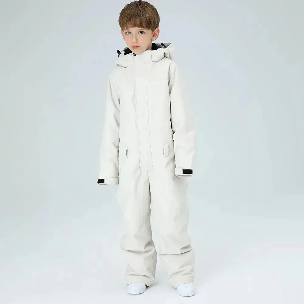 Children One Piece Ski Jumpsuits Waterproof Hooded Snowsuits