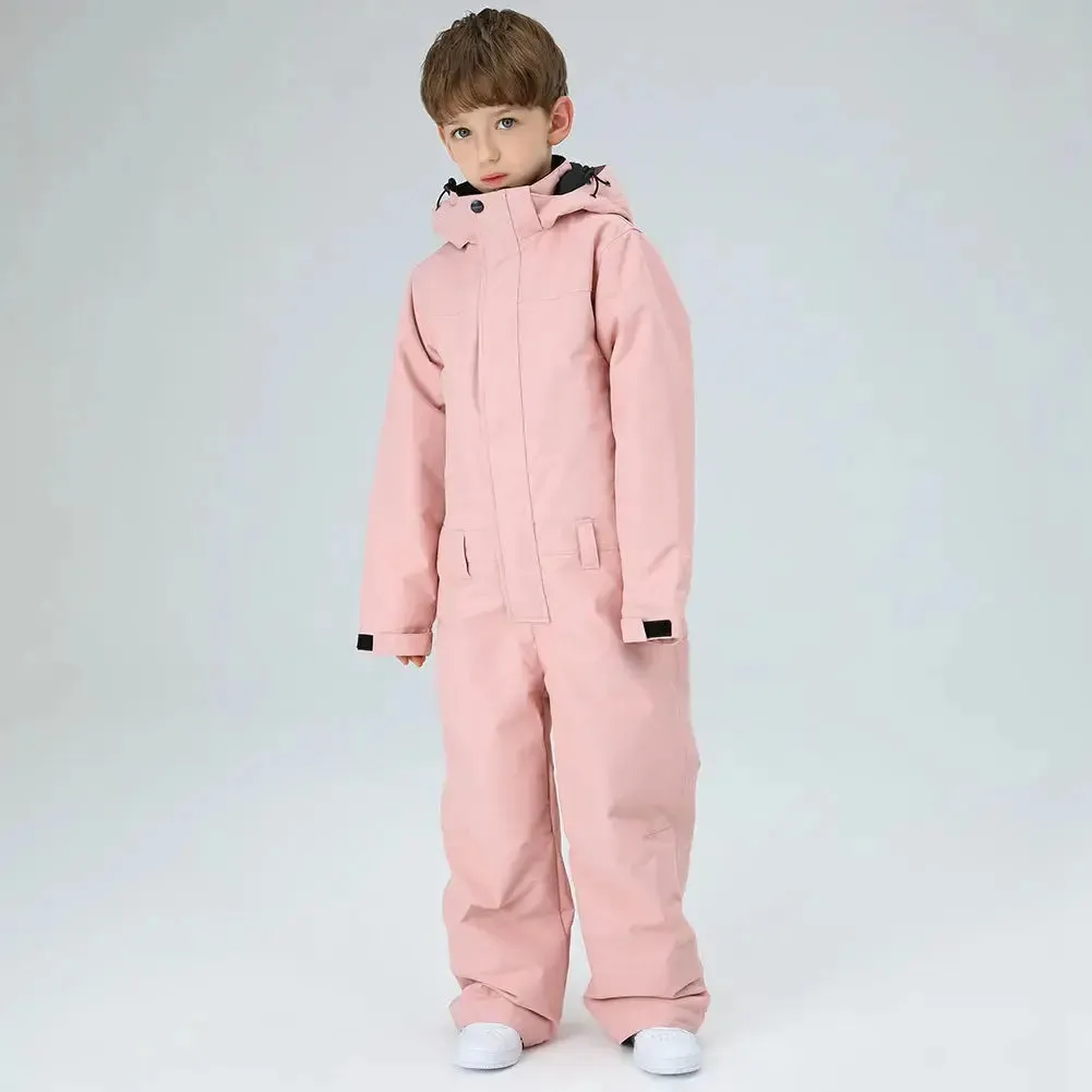 Children One Piece Ski Jumpsuits Waterproof Hooded Snowsuits