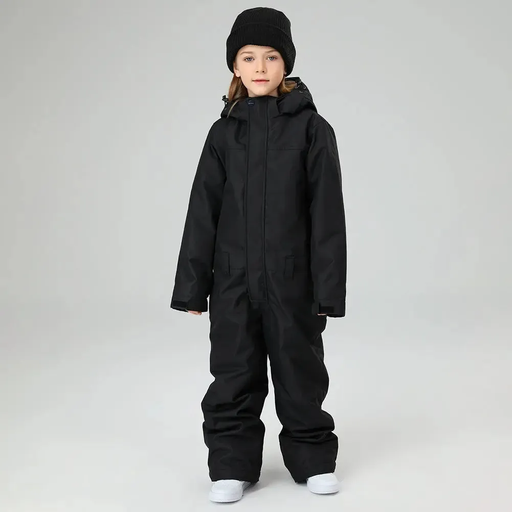 Children One Piece Ski Jumpsuits Waterproof Hooded Snowsuits