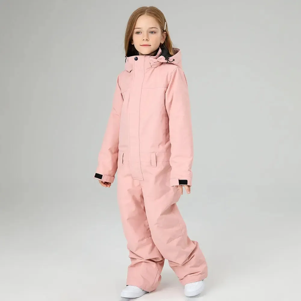 Children One Piece Ski Jumpsuits Waterproof Hooded Snowsuits