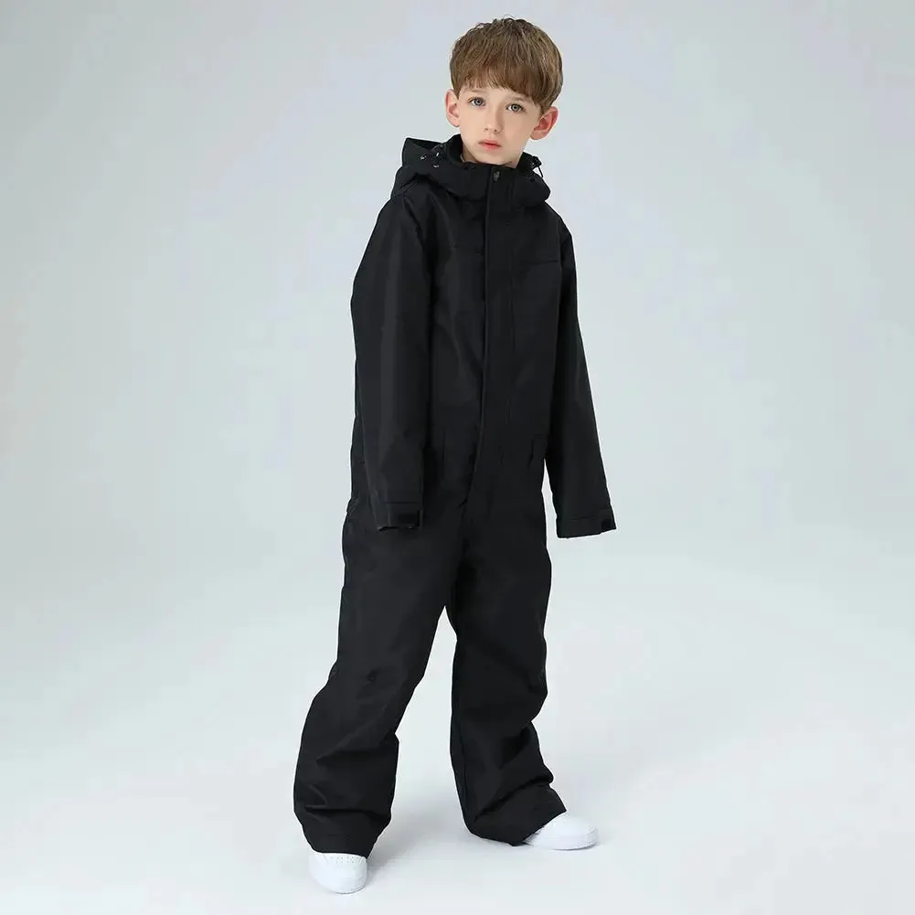 Children One Piece Ski Jumpsuits Waterproof Hooded Snowsuits