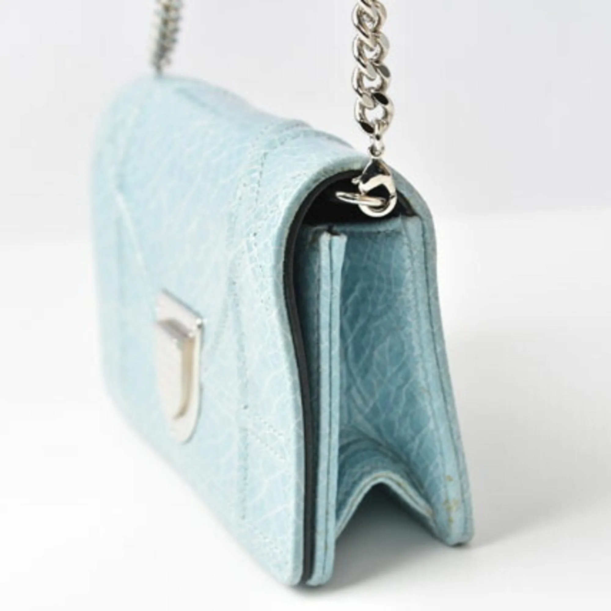 Christian Dior Chain Pouch Cannage Patent Leather Light Blue