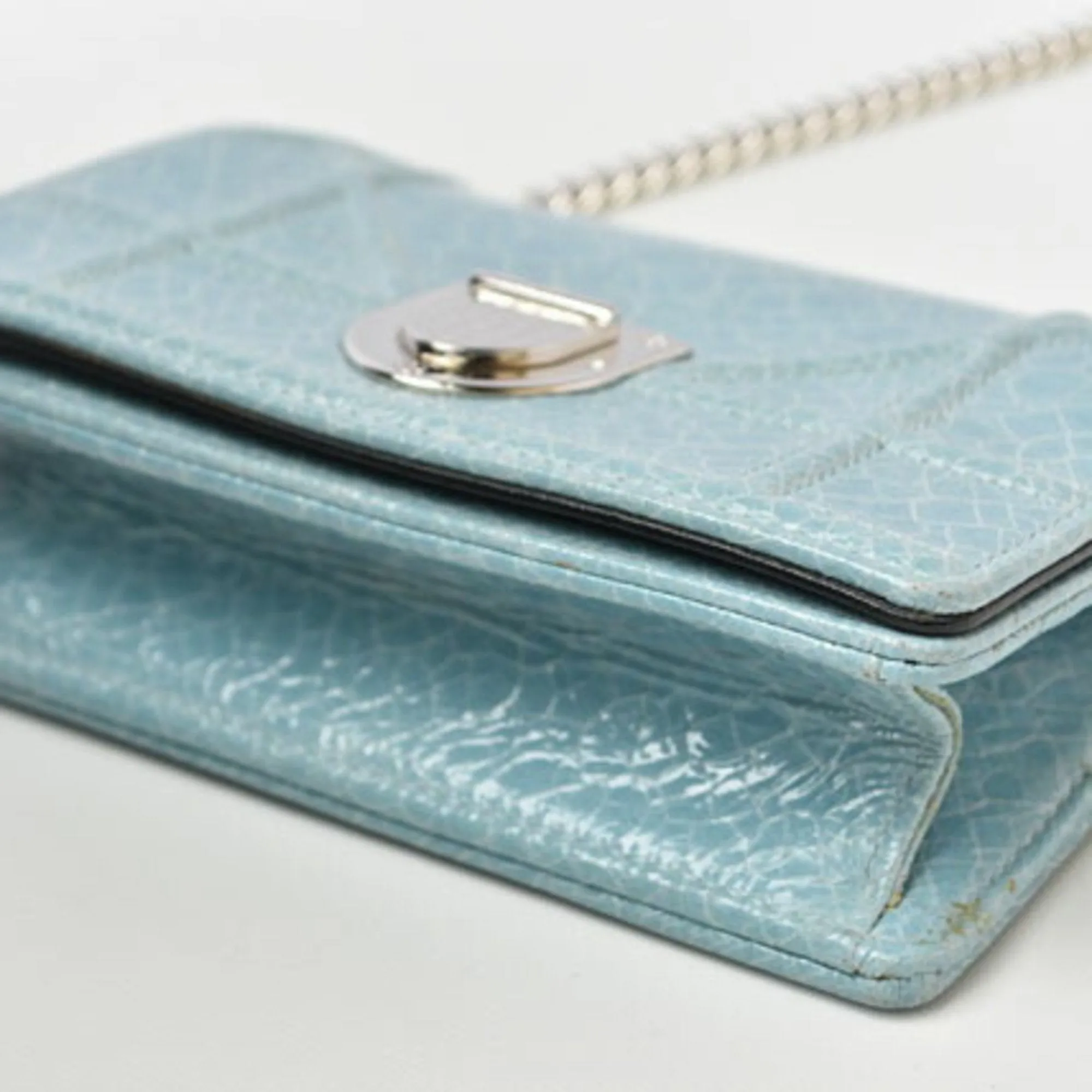Christian Dior Chain Pouch Cannage Patent Leather Light Blue