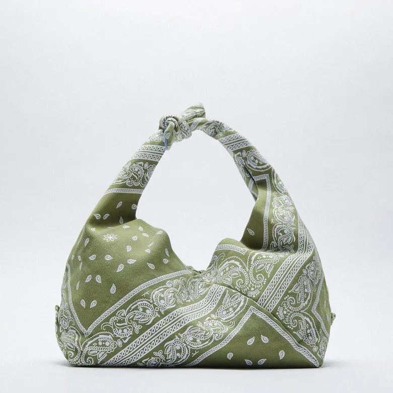 Christmas Gift Fashion Printing Canvas Women Handbags Scarf Knotted Strap Women Shoulder Bags Large Capacity Underarm Women's Bag Females Tote