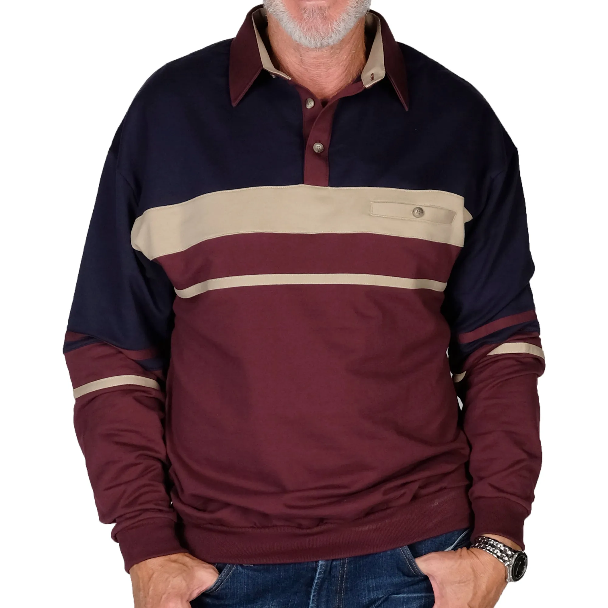 Classics By Palmland Horizontal Stripes Banded Bottom Shirt 6094-739 Burgundy - Big and Tall