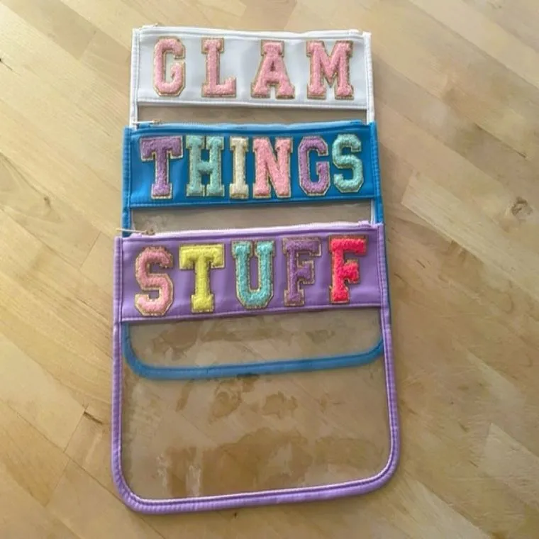 Clear Nylon Zipper Pouch with Chenille Letter Patches WHITE GLAM