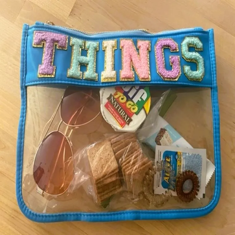 Clear Nylon Zipper Pouch with Chenille Letter Patches WHITE GLAM