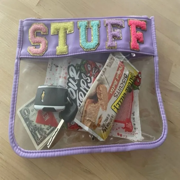 Clear Nylon Zipper Pouch with Chenille Letter Patches WHITE GLAM
