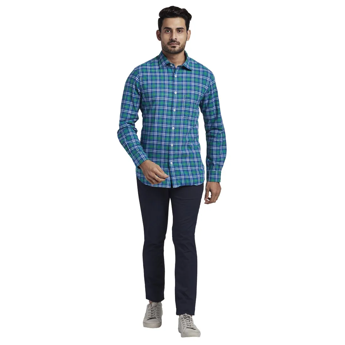 Colorplus Men Green Checks Tailored Fit Cotton Full Sleeve Shirt