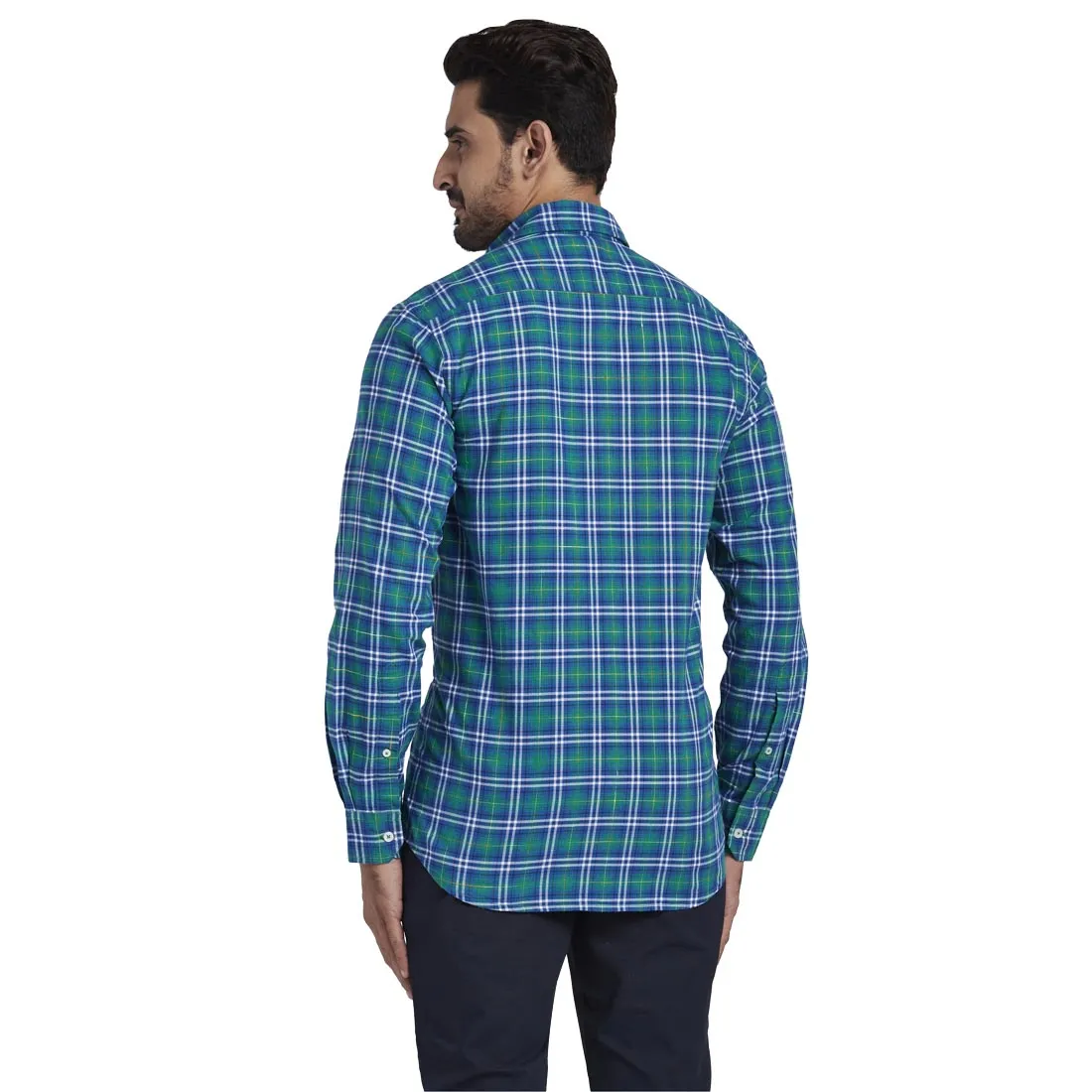 Colorplus Men Green Checks Tailored Fit Cotton Full Sleeve Shirt