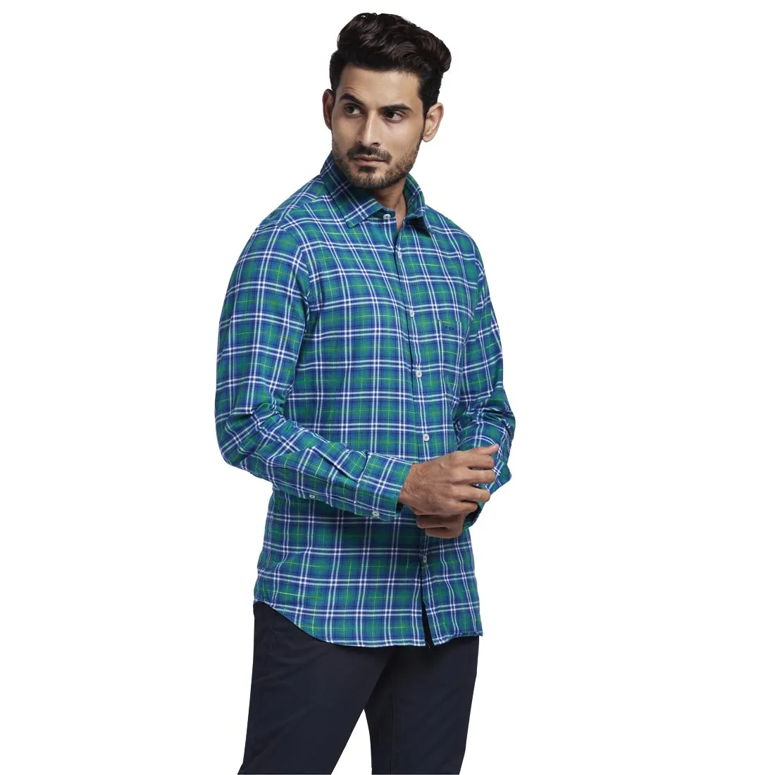 Colorplus Men Green Checks Tailored Fit Cotton Full Sleeve Shirt