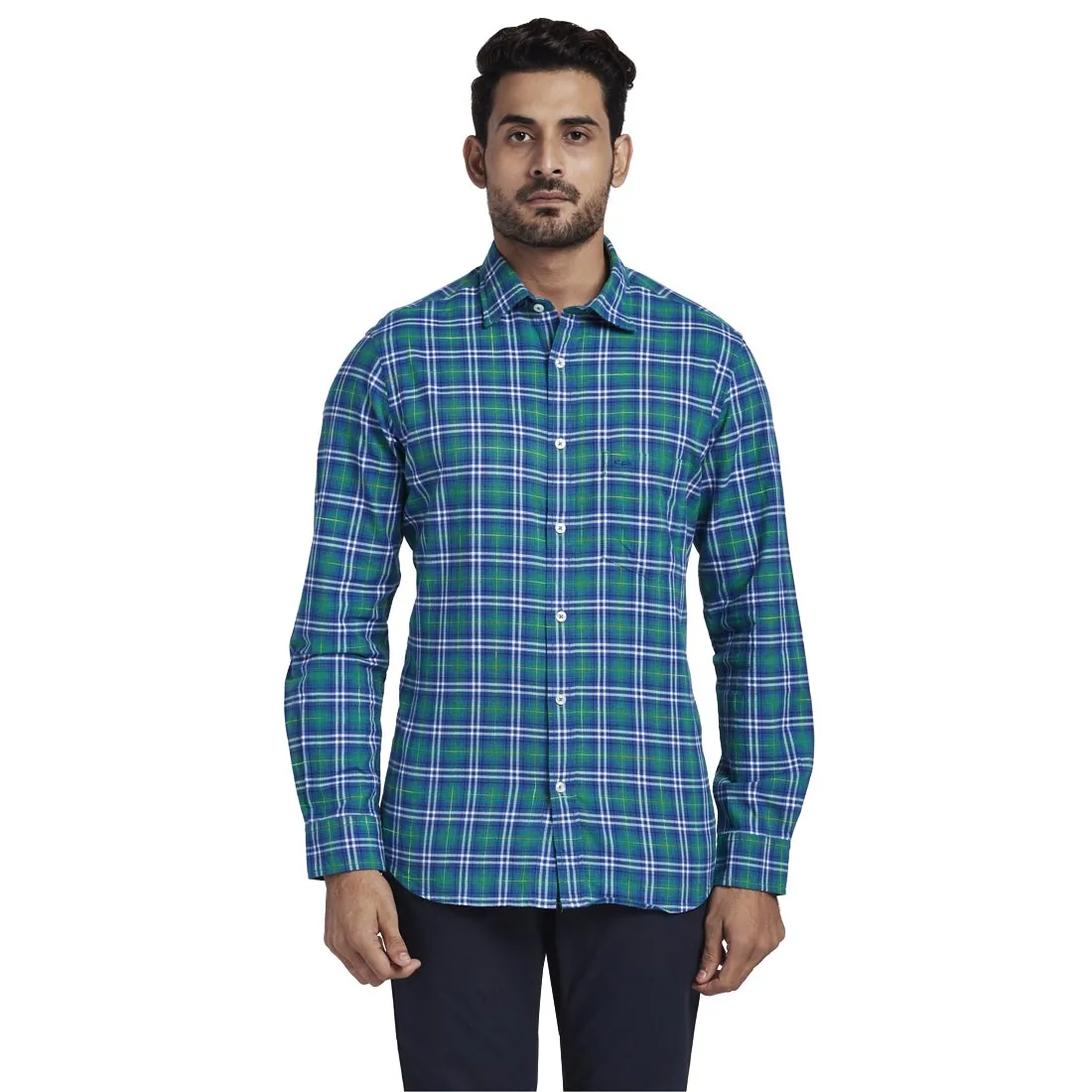 Colorplus Men Green Checks Tailored Fit Cotton Full Sleeve Shirt