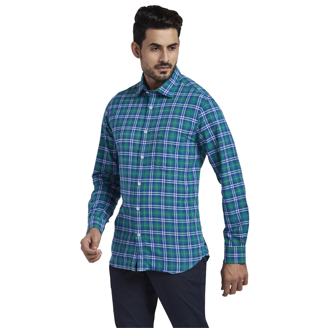 Colorplus Men Green Checks Tailored Fit Cotton Full Sleeve Shirt