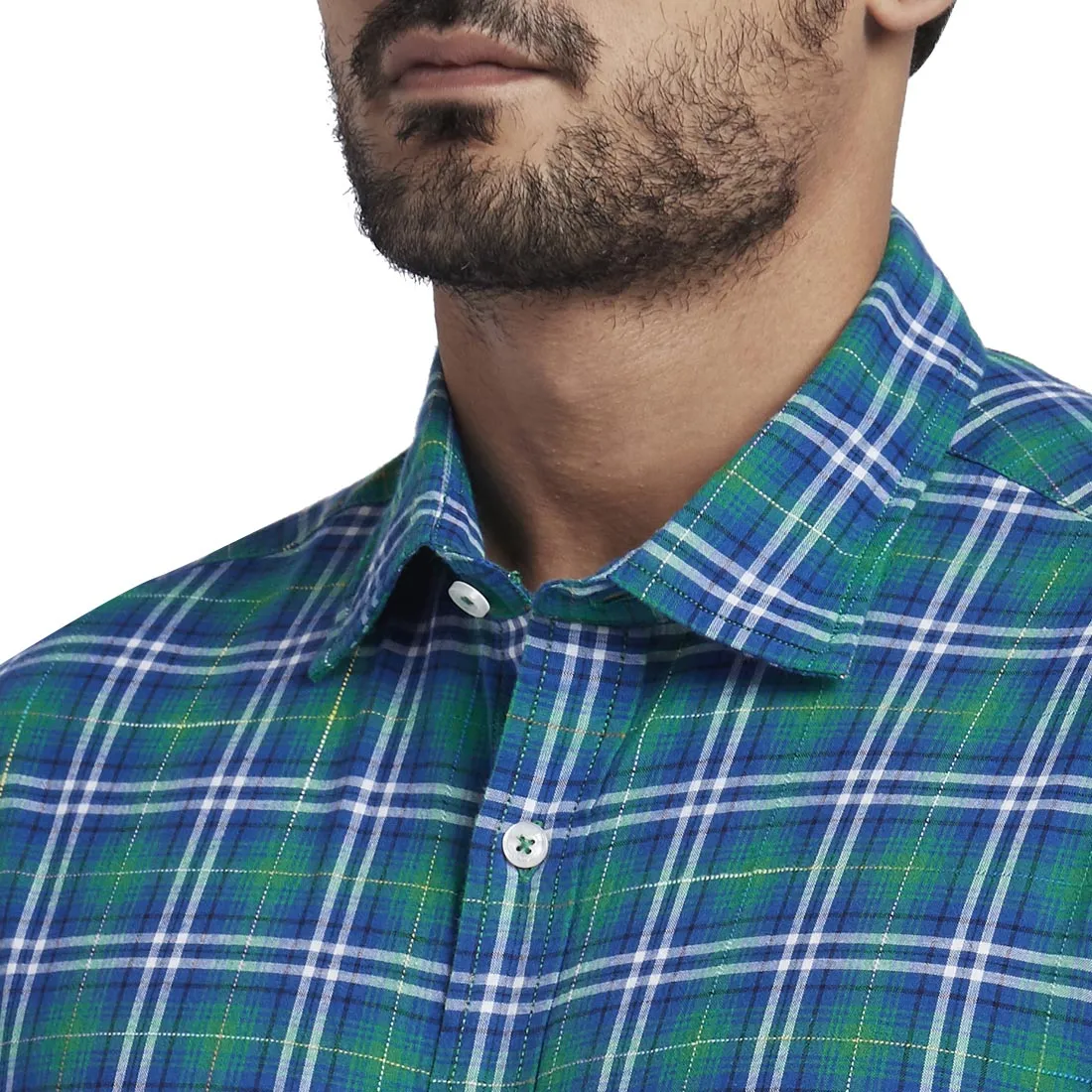 Colorplus Men Green Checks Tailored Fit Cotton Full Sleeve Shirt
