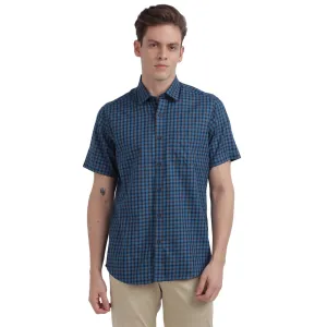 ColorPlus Men Green Checks Tailored Fit Cotton Half Sleeve Cut Away Collar Shirt