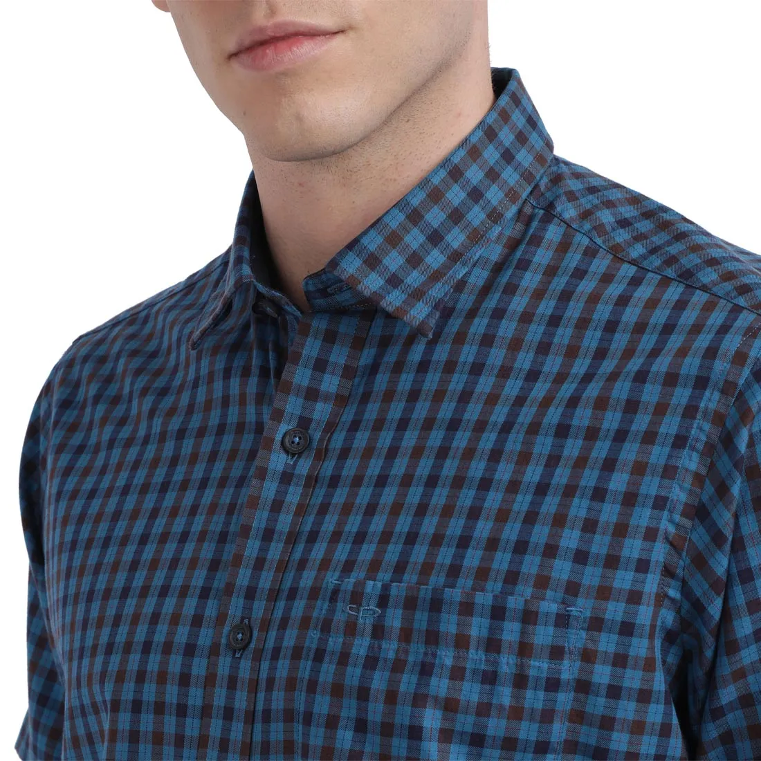 ColorPlus Men Green Checks Tailored Fit Cotton Half Sleeve Cut Away Collar Shirt