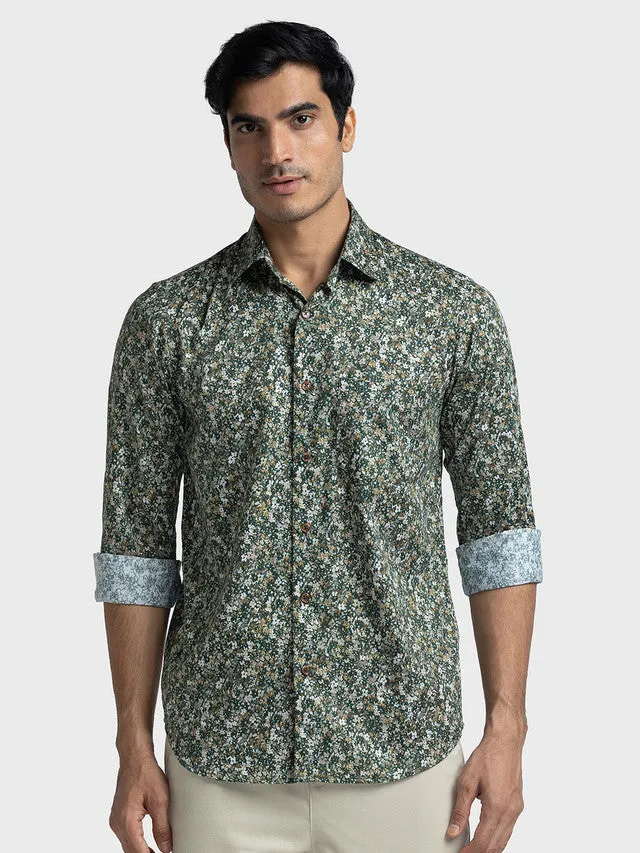 Colorplus Men Green Printed Tailored Fit Full Sleeve Spread Collar Shirt