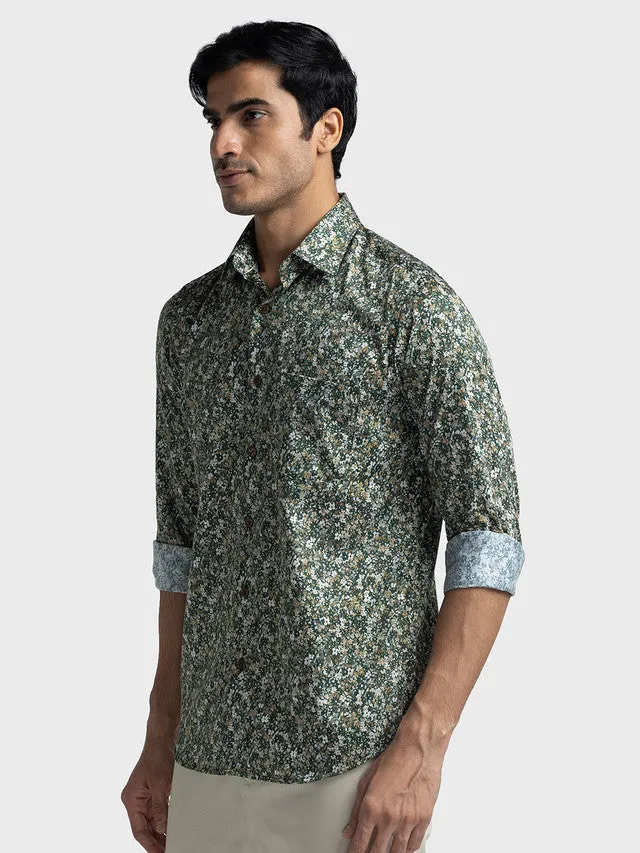 Colorplus Men Green Printed Tailored Fit Full Sleeve Spread Collar Shirt