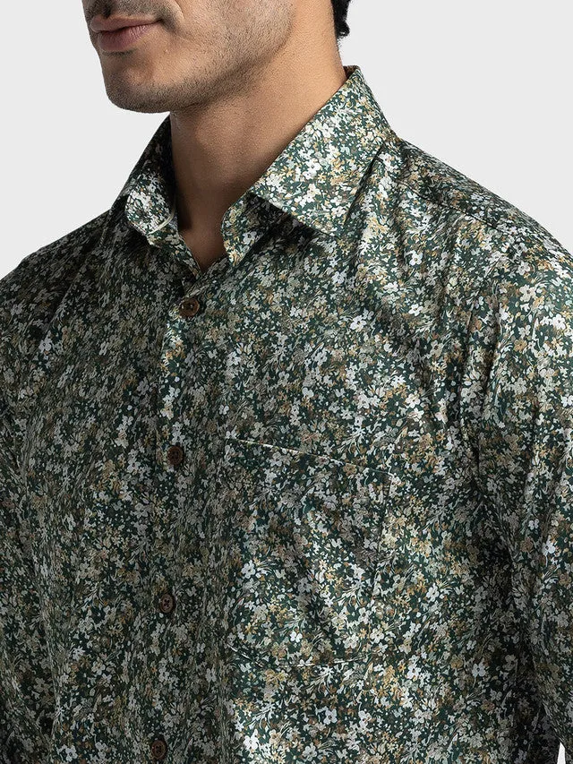 Colorplus Men Green Printed Tailored Fit Full Sleeve Spread Collar Shirt