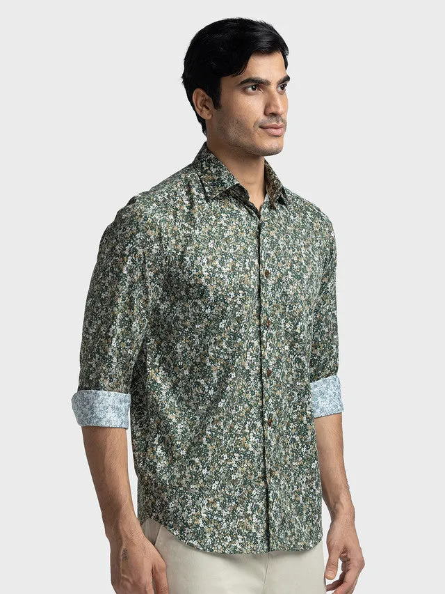 Colorplus Men Green Printed Tailored Fit Full Sleeve Spread Collar Shirt