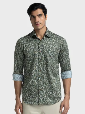 Colorplus Men Green Printed Tailored Fit Full Sleeve Spread Collar Shirt