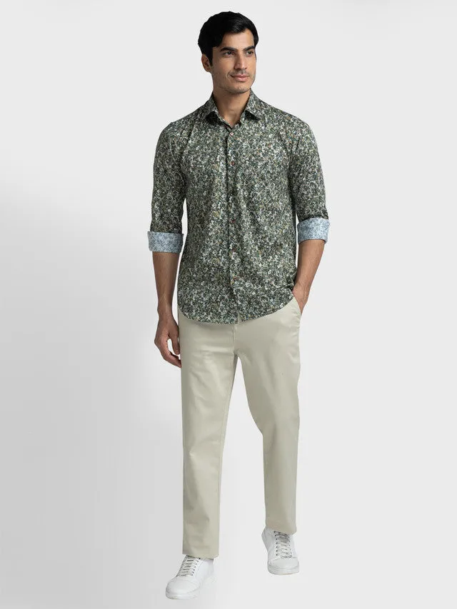 Colorplus Men Green Printed Tailored Fit Full Sleeve Spread Collar Shirt