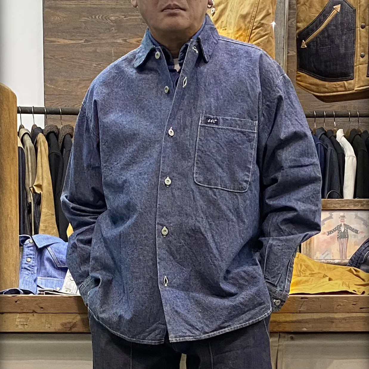 DDL 307 RAPHAEL-I RELAX FIT PENNY COLLAR SINGLE POCKET SALT & PEPPER DENIM SHIRT-10OZ-RW TE