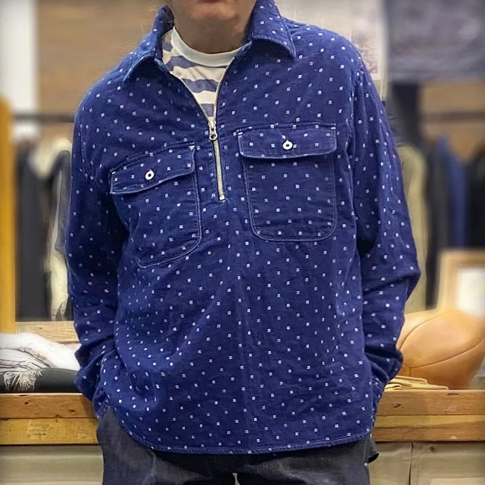 DDL 329 HUNTER-SPEC REGULAR FIT 2 POCKET 1/2 ZIPPER FRONT INDIGO SPECKS DENIM SHIRT-8OZ-E3 INDIGO