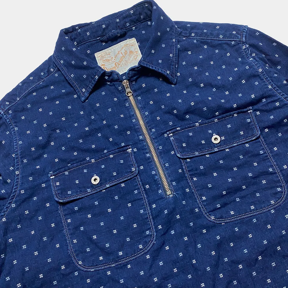 DDL 329 HUNTER-SPEC REGULAR FIT 2 POCKET 1/2 ZIPPER FRONT INDIGO SPECKS DENIM SHIRT-8OZ-E3 INDIGO